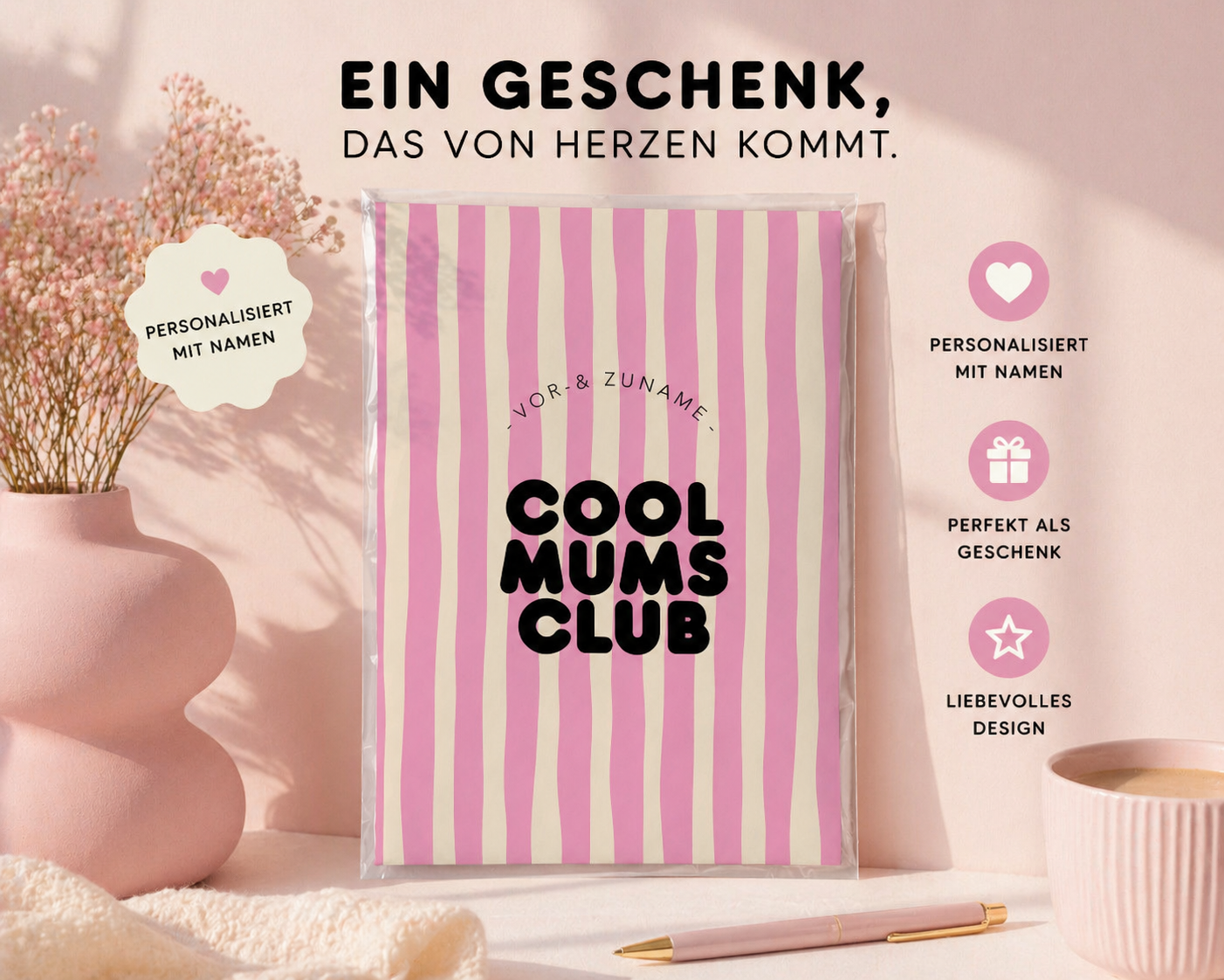 MUTTERPASSHÜLLE - Gestreift pink beige personalisiert