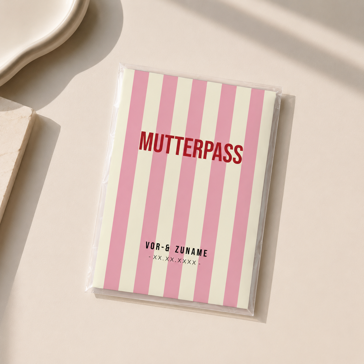 MUTTERPASSHÜLLE - Gestreift rosa creme personalisiert