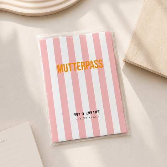 MUTTERPASSHÜLLE - Gestreift rosa weiss personalisiert