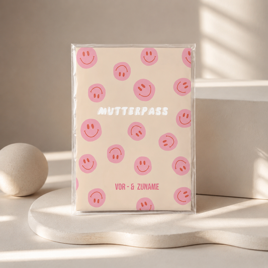 MUTTERPASSHÜLLE - Smileys rosa beige personalisiert