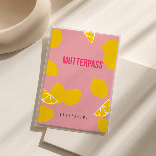 MUTTERPASSHÜLLE - Zitronen groß rosa personalisiert