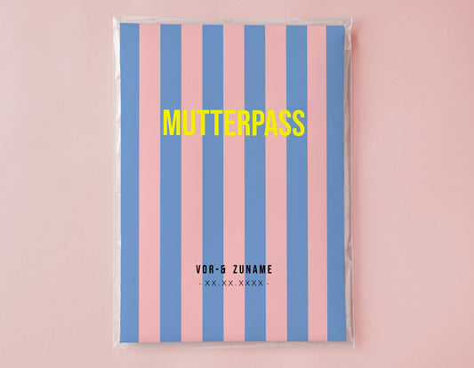 MUTTERPASSHÜLLE - Gestreift blau rosa personalisiert