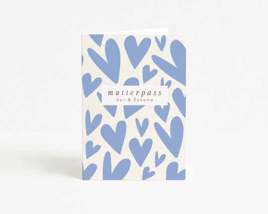 MUTTERPASSHÜLLE - Herzen blau creme personalisiert