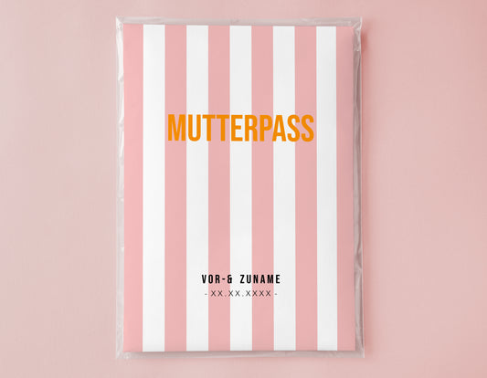 MUTTERPASSHÜLLE - Gestreift rosa weiss personalisiert